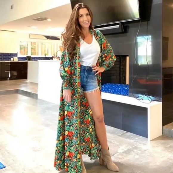 ALEXIS RED GREEN BLACK FLORAL PRINT COLLARED BUTTON UP HIROKA ROBE MAXI DRESS - Picture 12 of 16